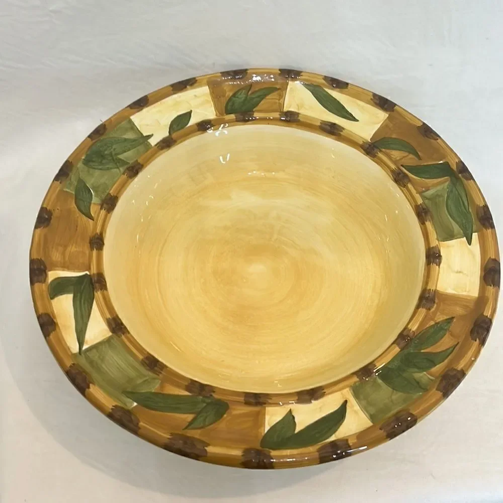 WCL Ceramic Bowl Serving Dish 3 In Tall 13 In Round Gold Yellow Green Leaf